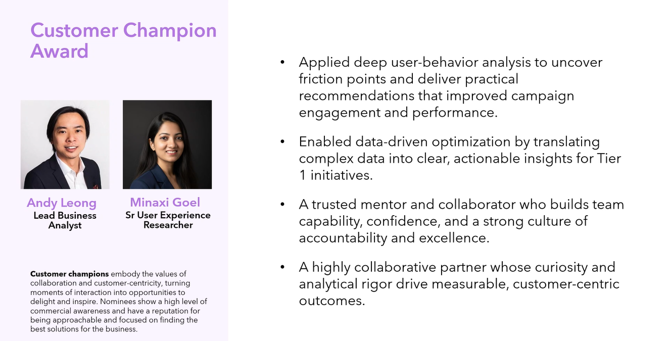 Customer Champion Award recognition slide for Minaxi Goel