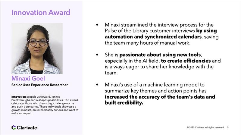 Innovation Award recognition slide for Minaxi Goel