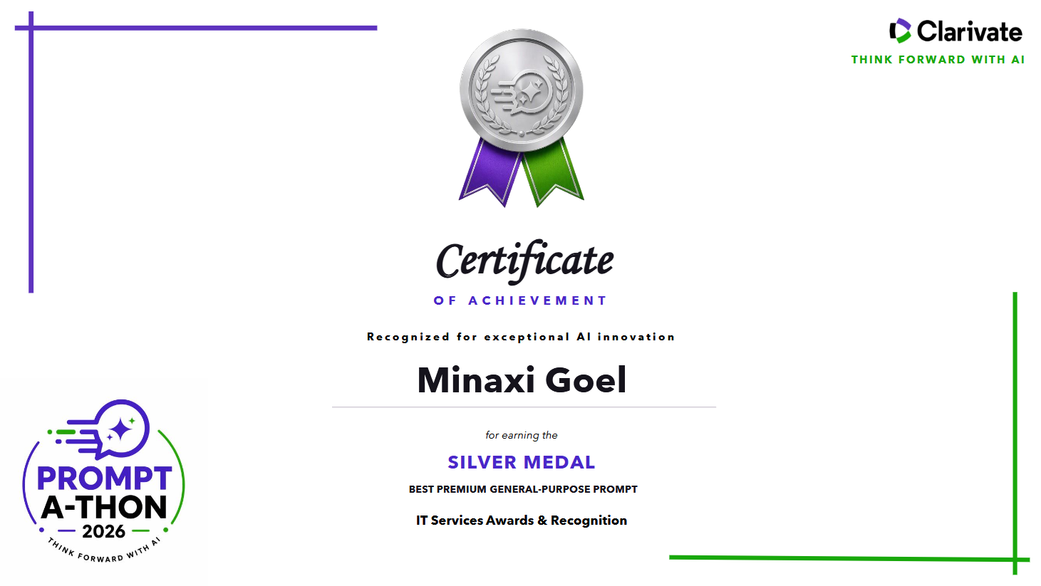 Prompt-A-Thon Silver Medal certificate for Minaxi Goel