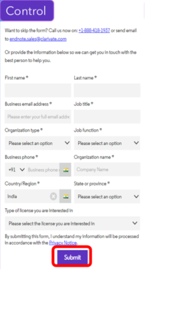 Control version of the EndNote Contact Sales form