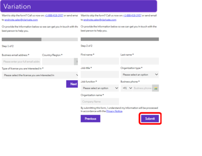 Multi-step variation of the EndNote Contact Sales form